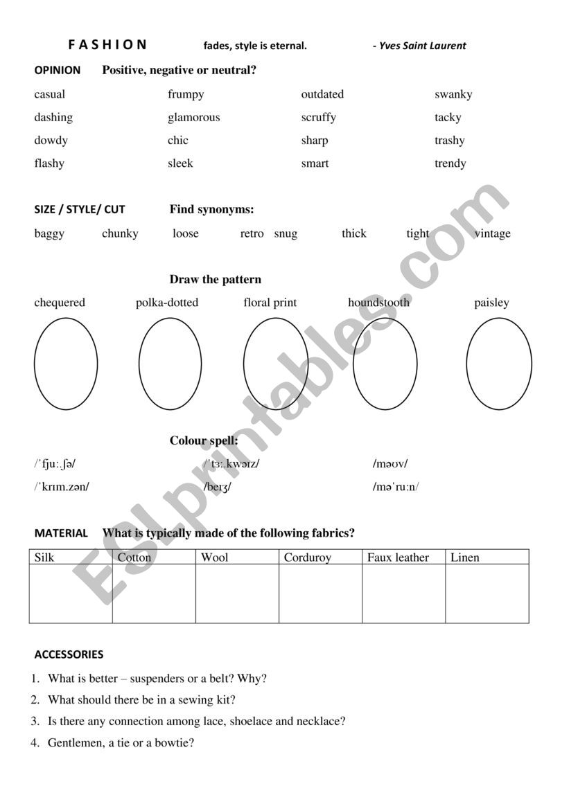 Fashion fades worksheet