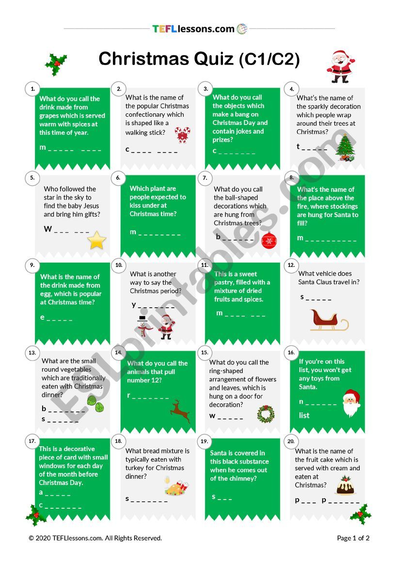 Christmas Quiz (C1/C2) worksheet