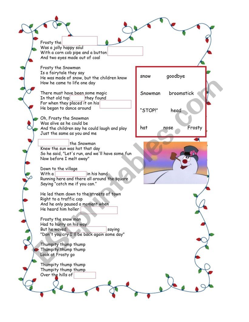 Frosty the Snowman lyric gap fill activity