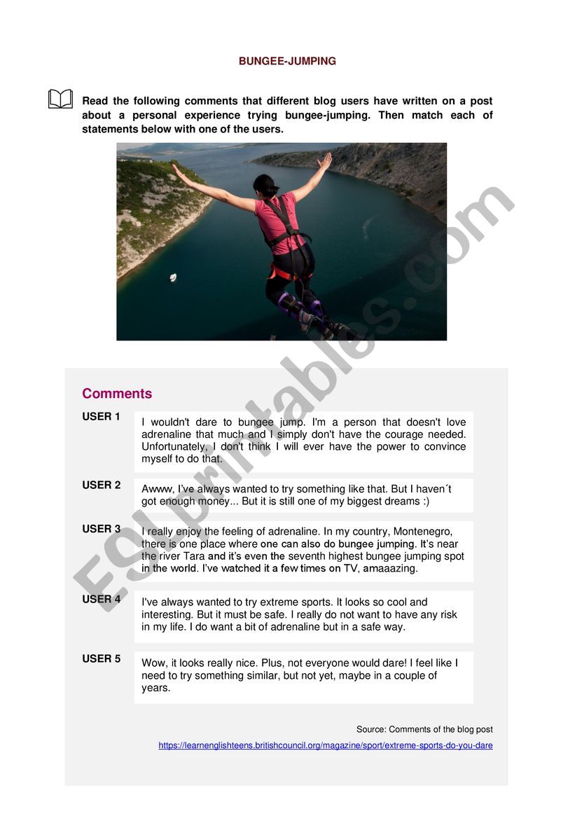 Bungee-jumping Reading worksheet