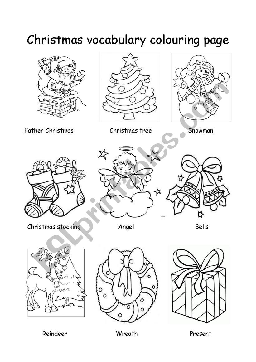 Christmas vocabulary colouring page