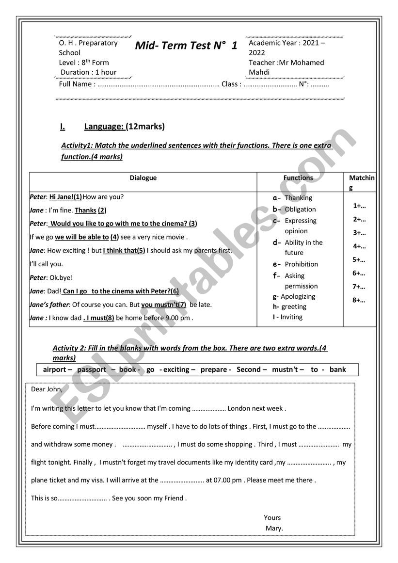 Mid- Term Test N  1  8TH FORM
