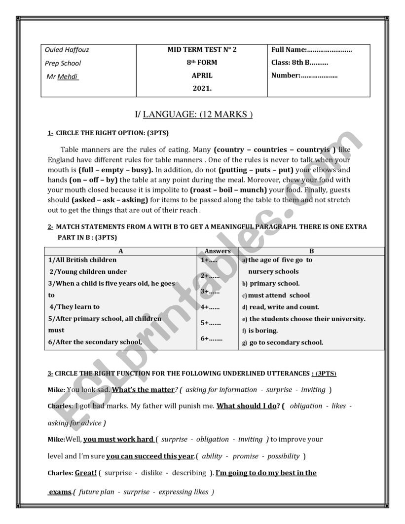 MID TERM TEST NÂ° 2 8TH FORM - ESL worksheet by Med mahdi