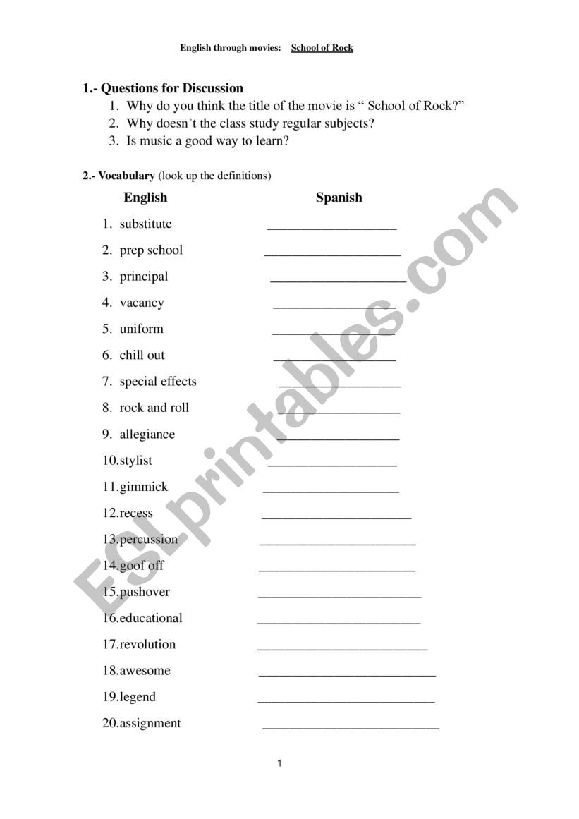 School of Rock worksheet worksheet