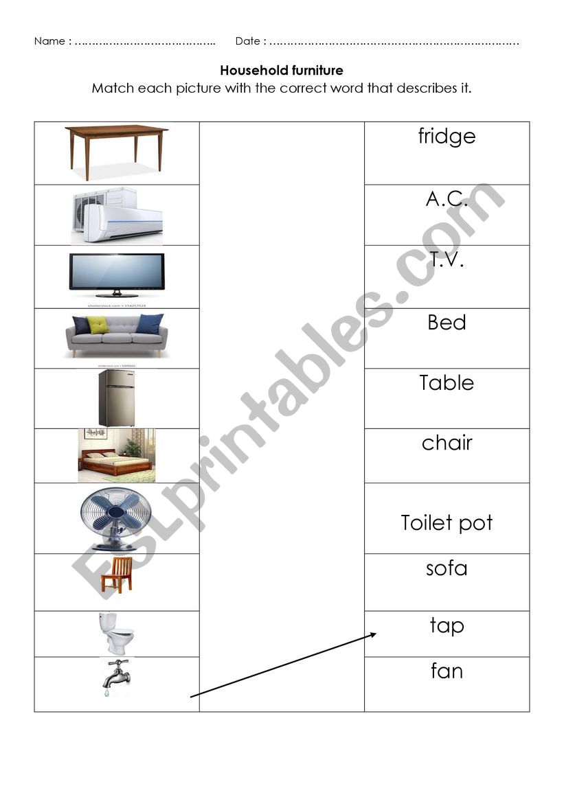 Household furniture worksheet
