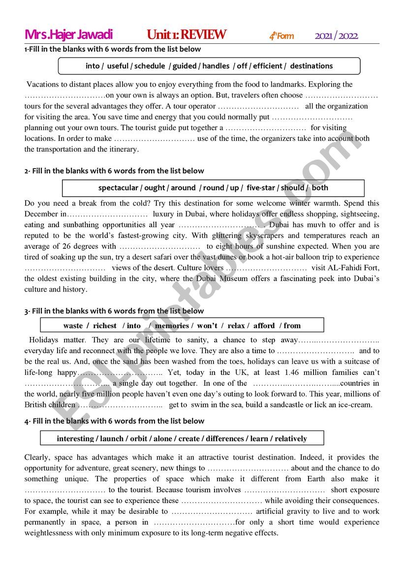 Holidaying worksheet