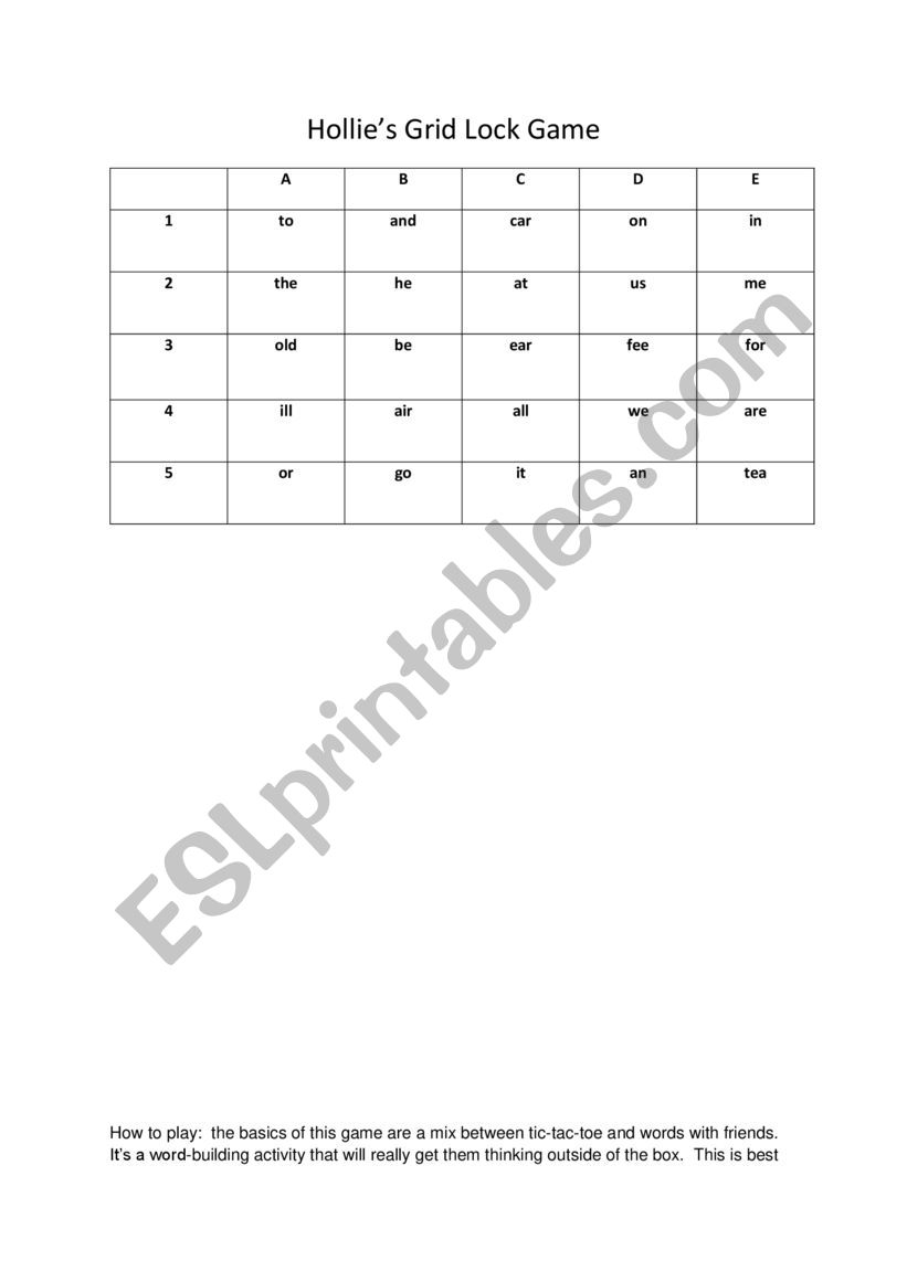 Grid Lock worksheet