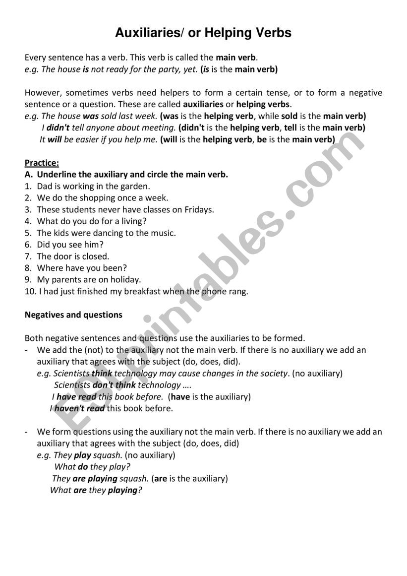 Auxiliaries worksheet