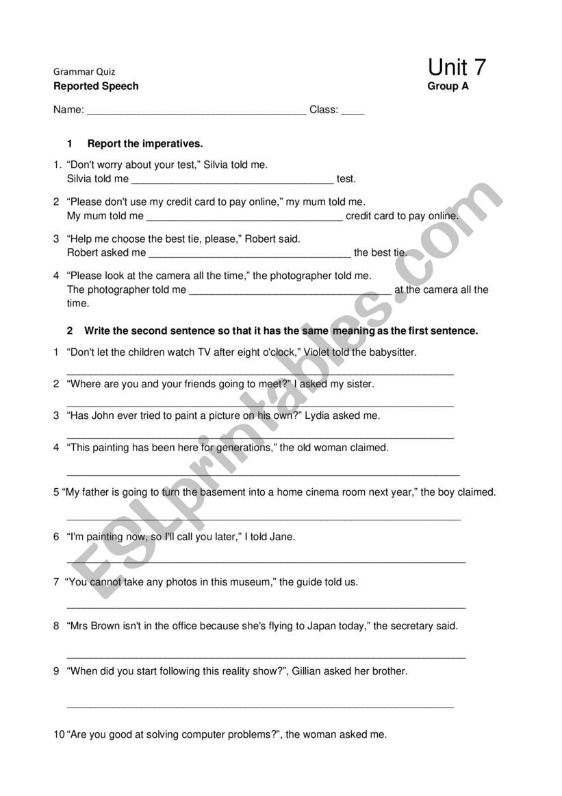 Reported Speech worksheet