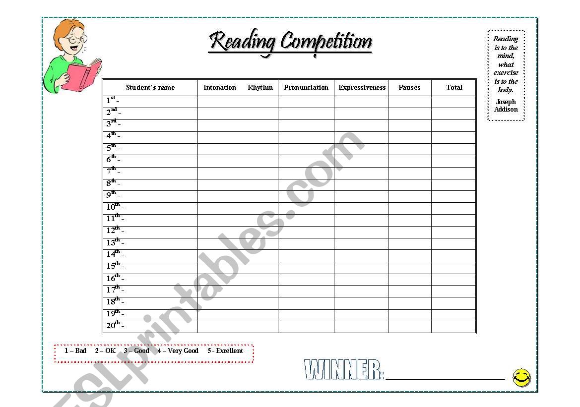 Reading competition worksheet