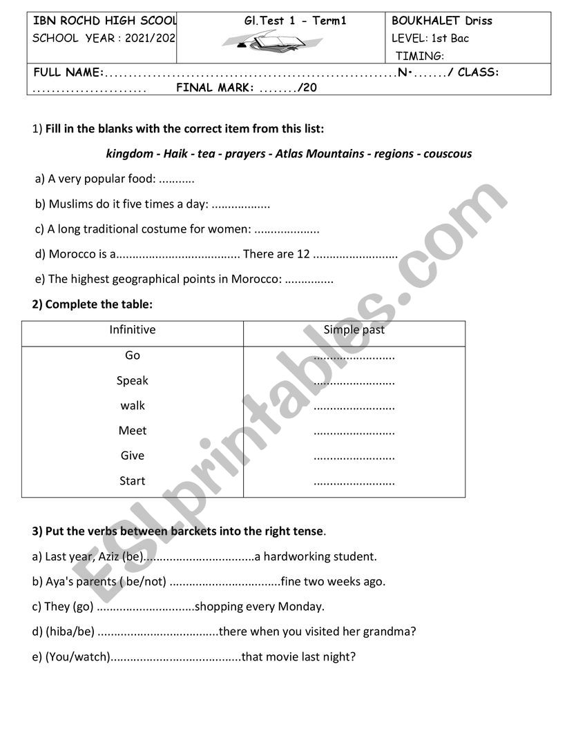 Global test 1st baccalaureate 