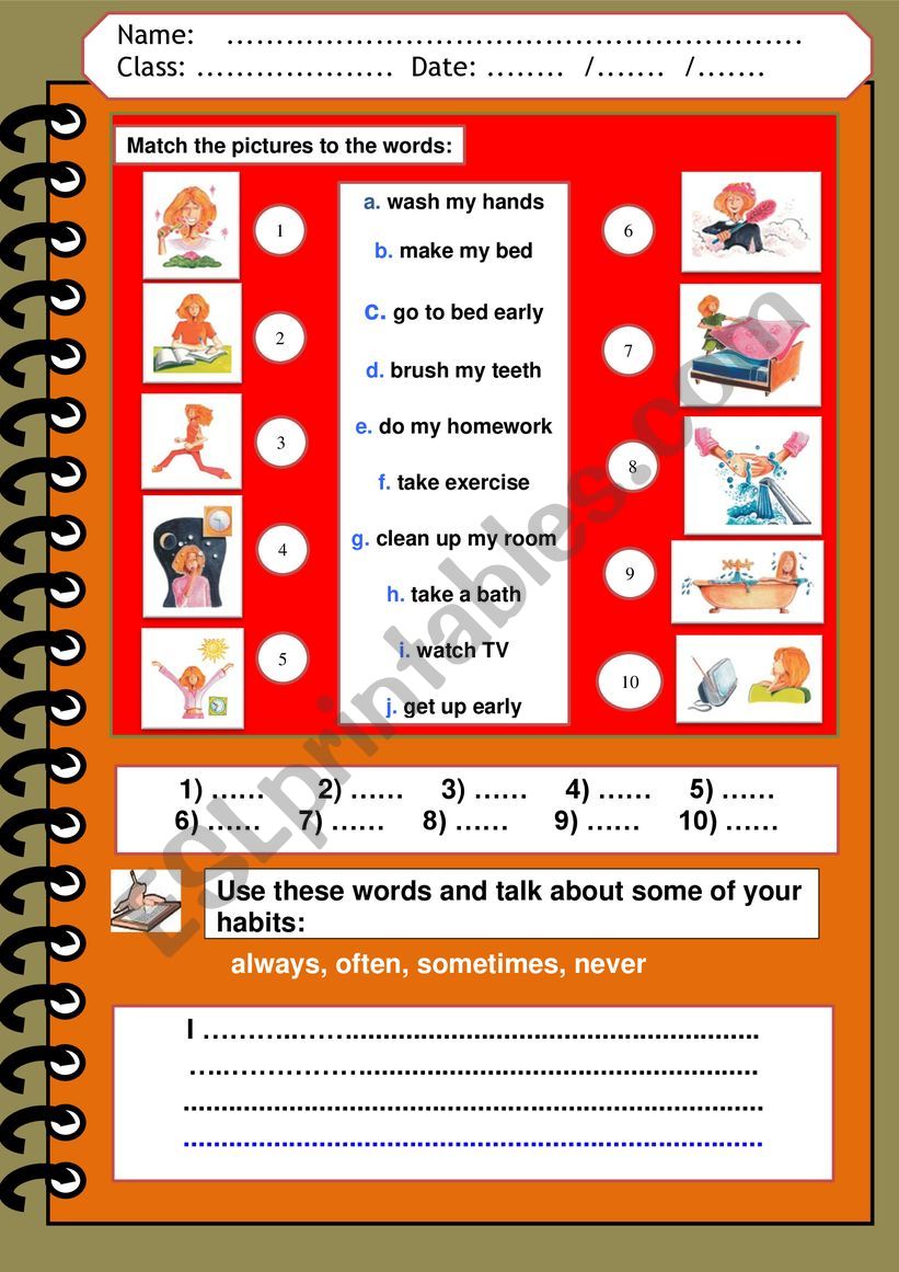 Personal Habits worksheet