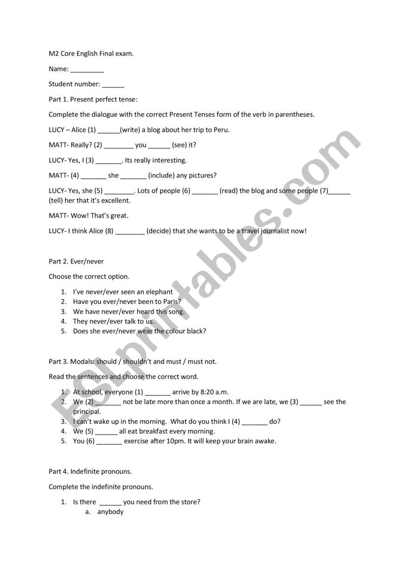 Grammar quantities test worksheet