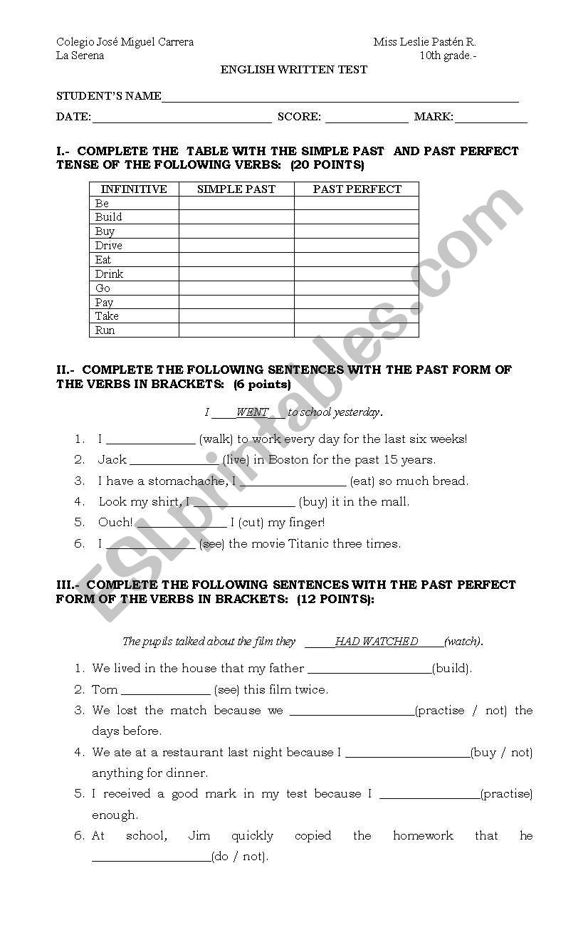 Past Simple Past Perfect Test worksheet