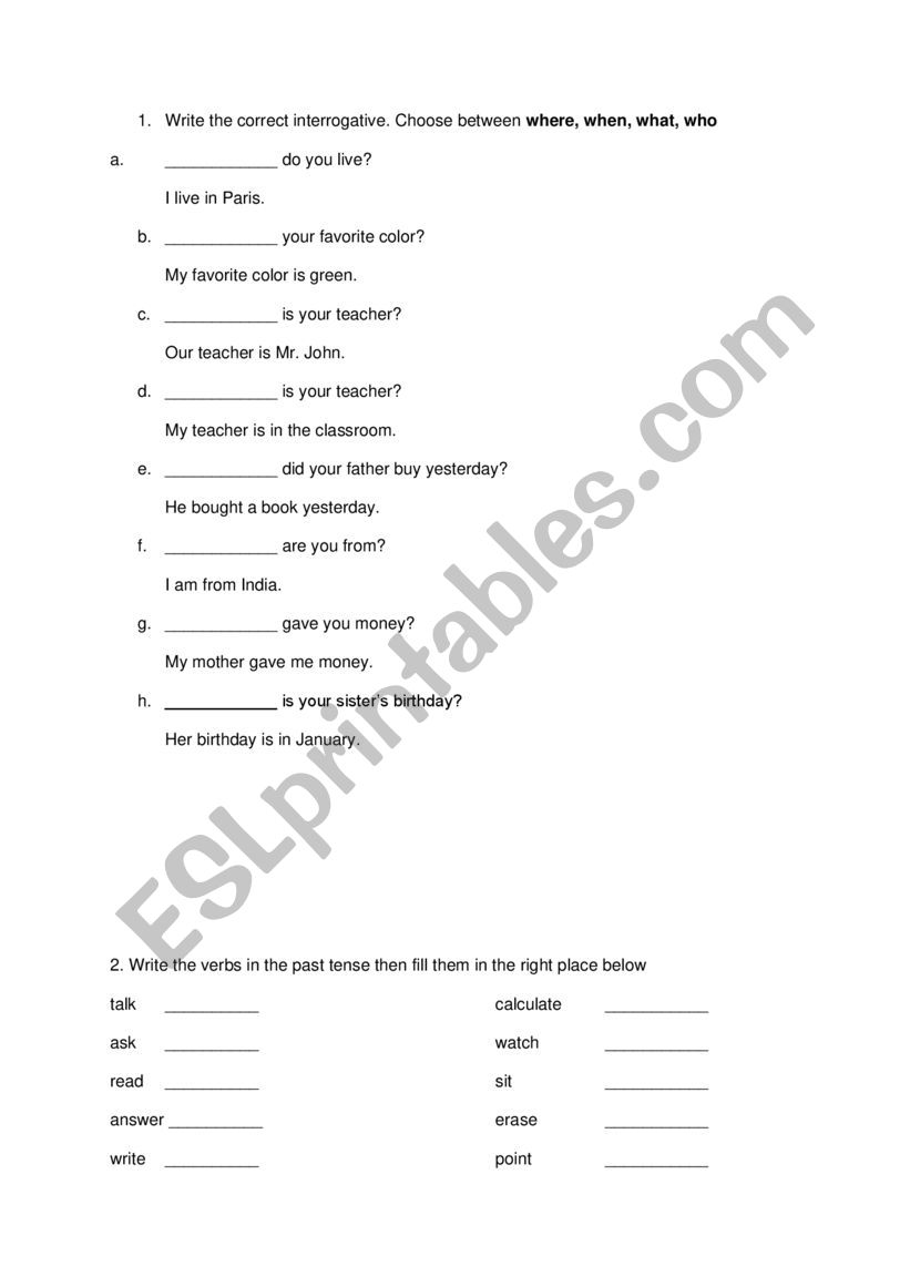 Interrogative and verb tense worksheet