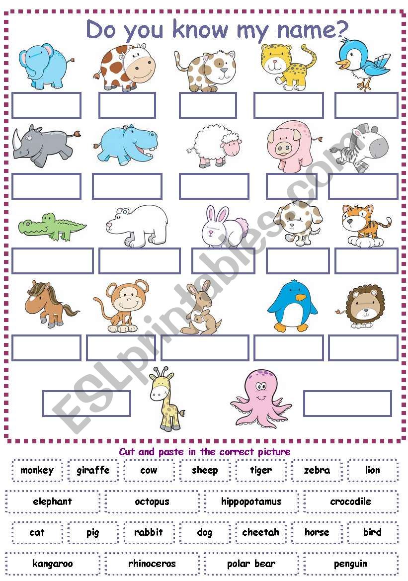 animals vocabulary for kids (cut and paste exercise)