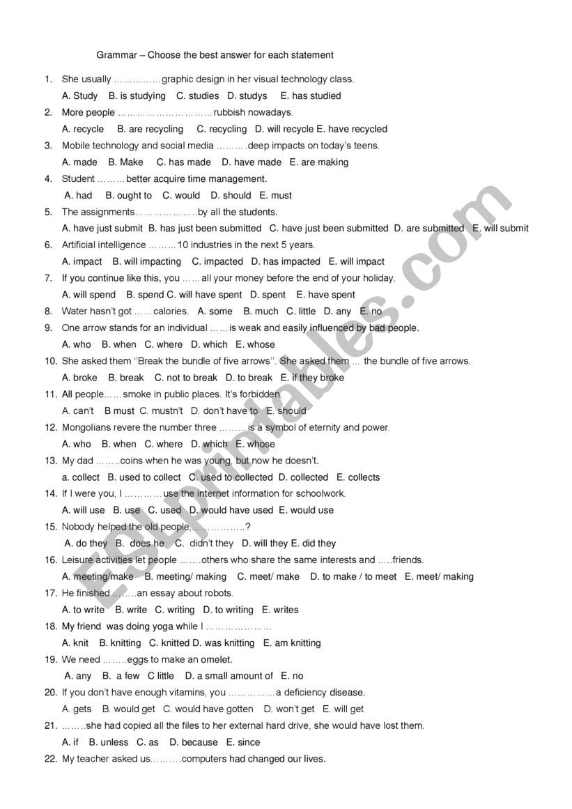 Grammar and vocabulary worksheet