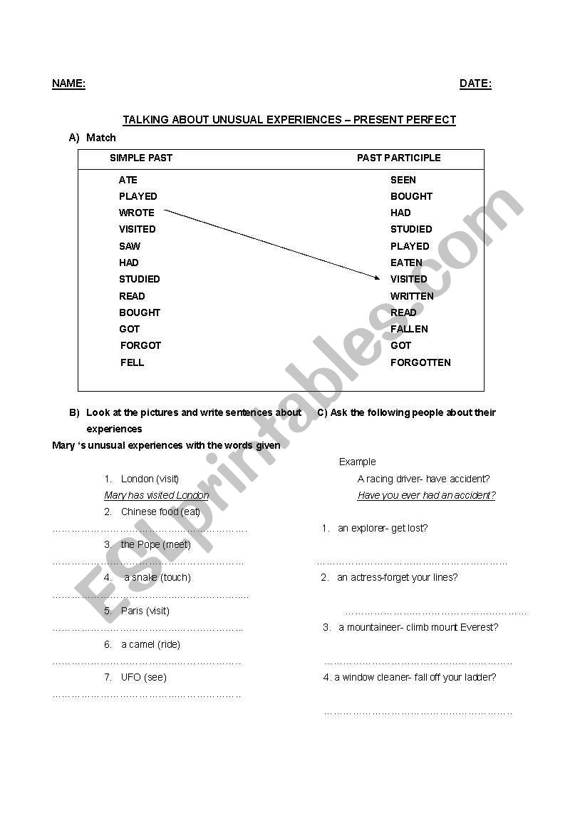 PRESENT PERFECT UNUSUAL EXPERIENCES