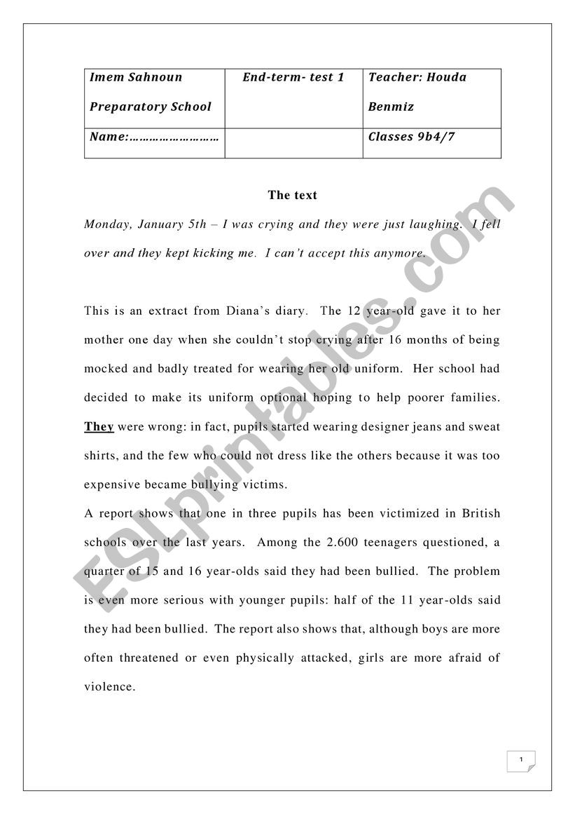 9th test first term worksheet