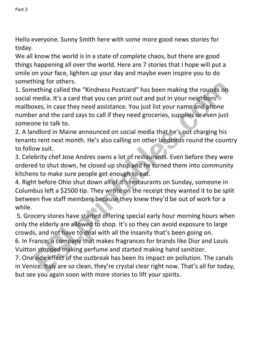 Happy News Positive Part 2 worksheet