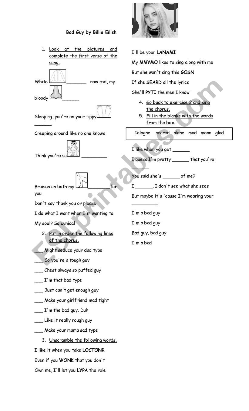 Song_ Bad Guy Billie Ellish worksheet