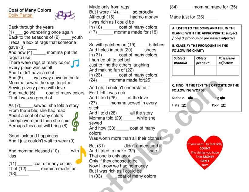 song: coat of many colors worksheet