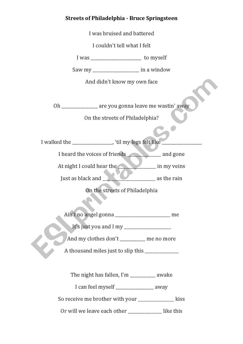 Streets of Philadelphia  worksheet