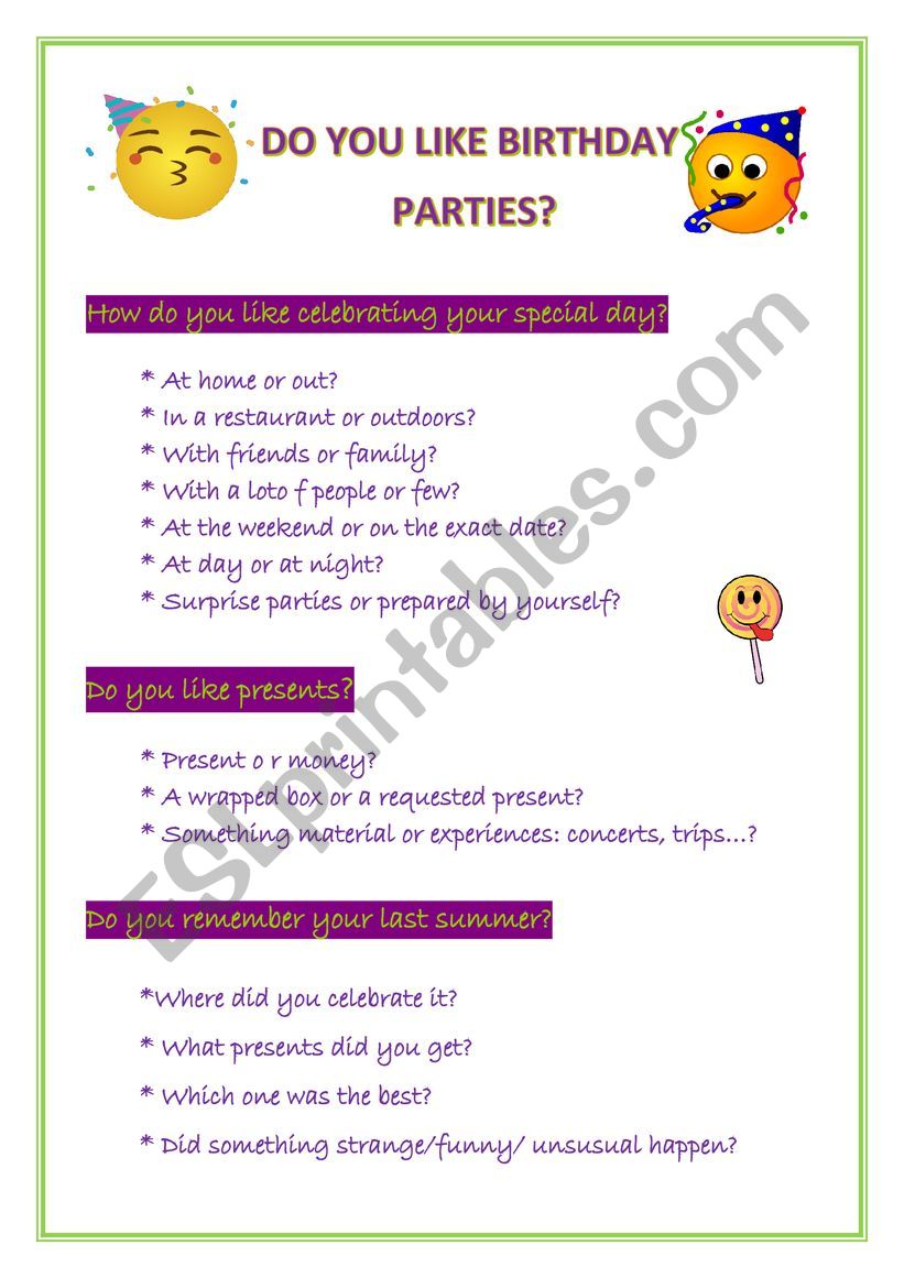 DO YOU LIKE BIRTHDAY PARTIES? worksheet