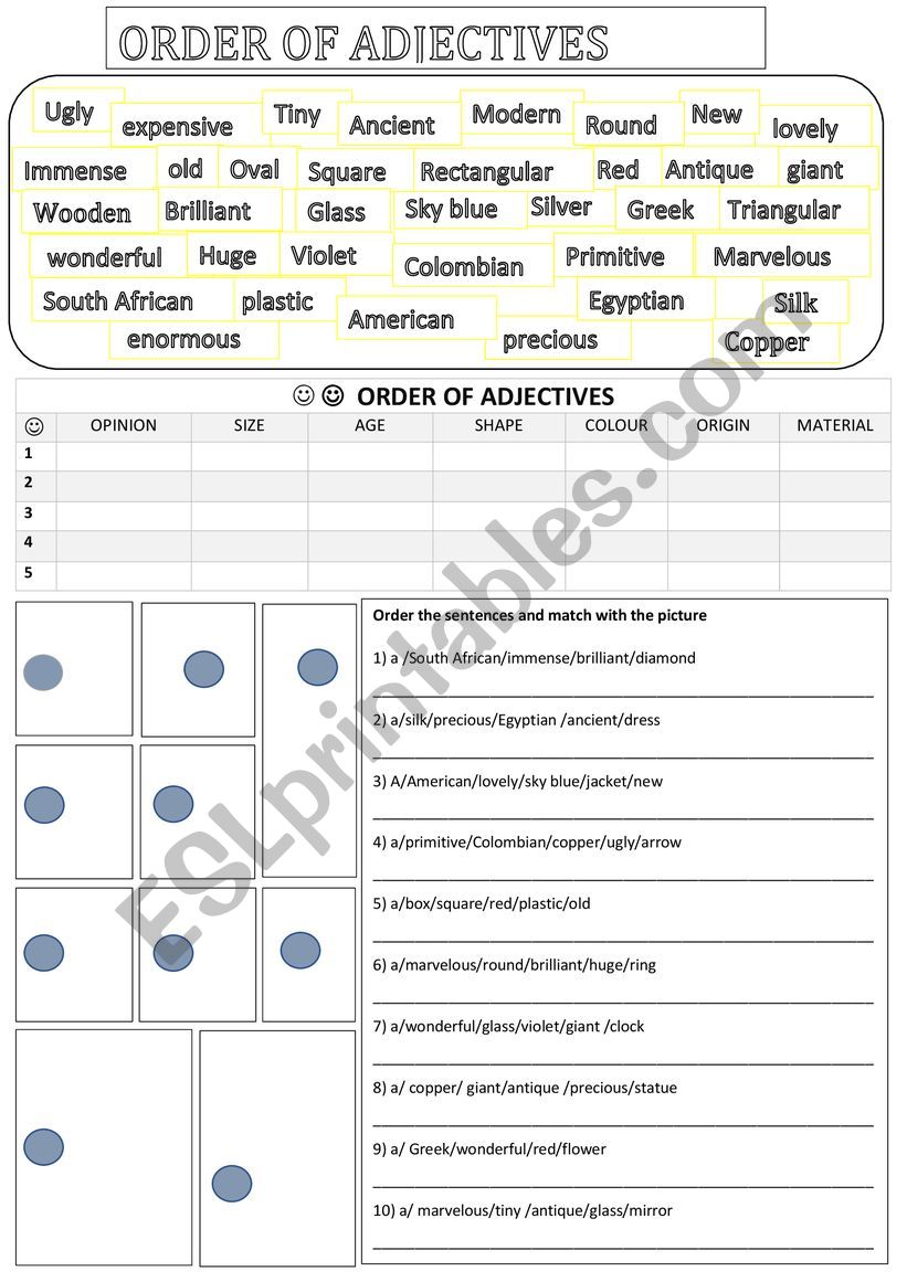 order of adjectives worksheet