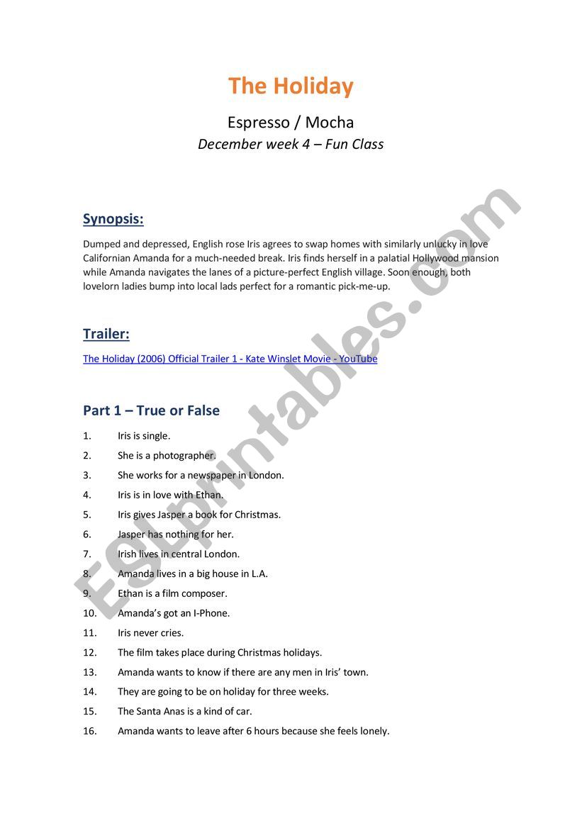 The Holiday - Movie Lesson Plan