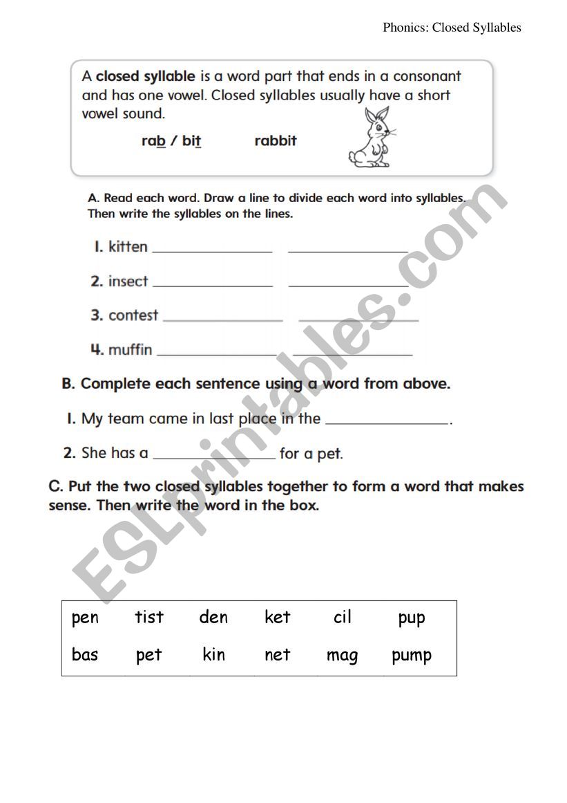 closed syllable practice worksheet