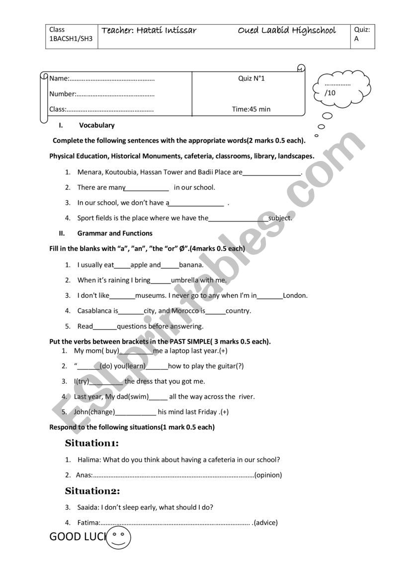 Quiz N1 1bac gateway1 worksheet