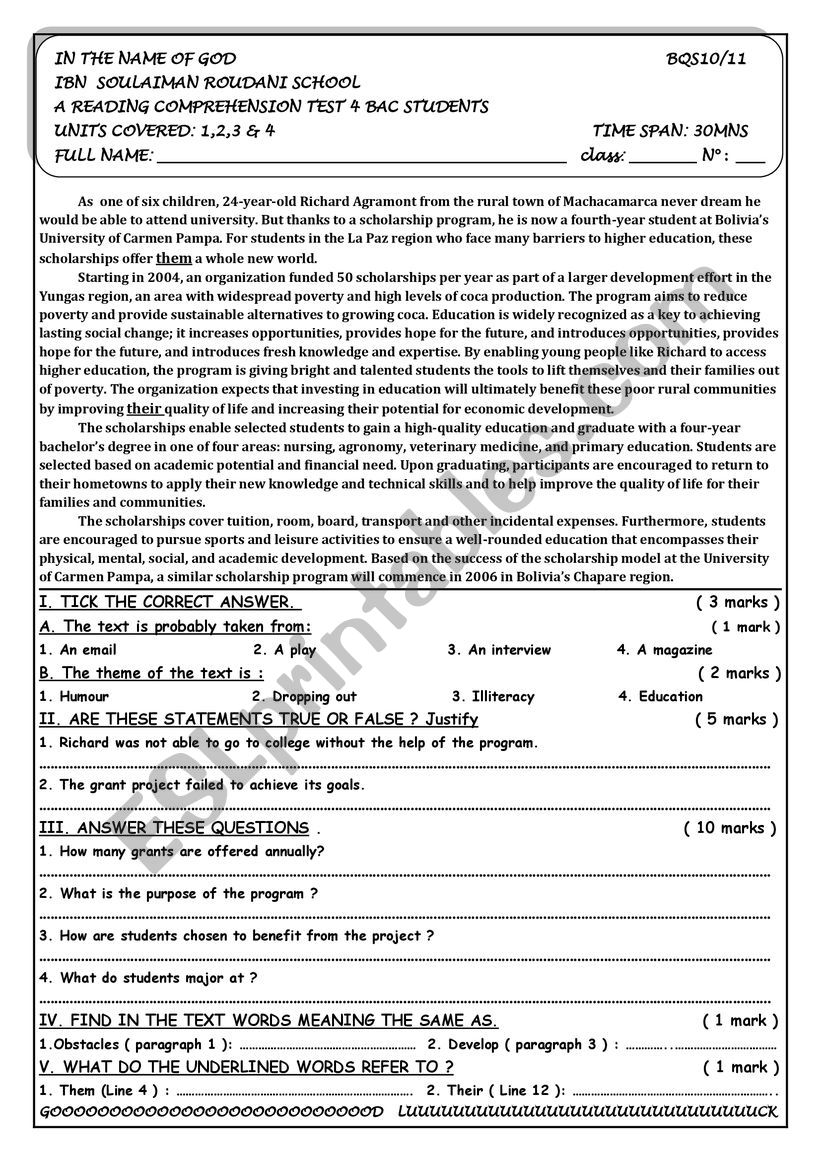 Reading comprehension worksheet