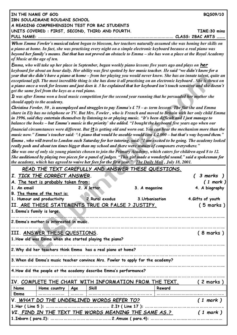 Reading comprehension quiz worksheet