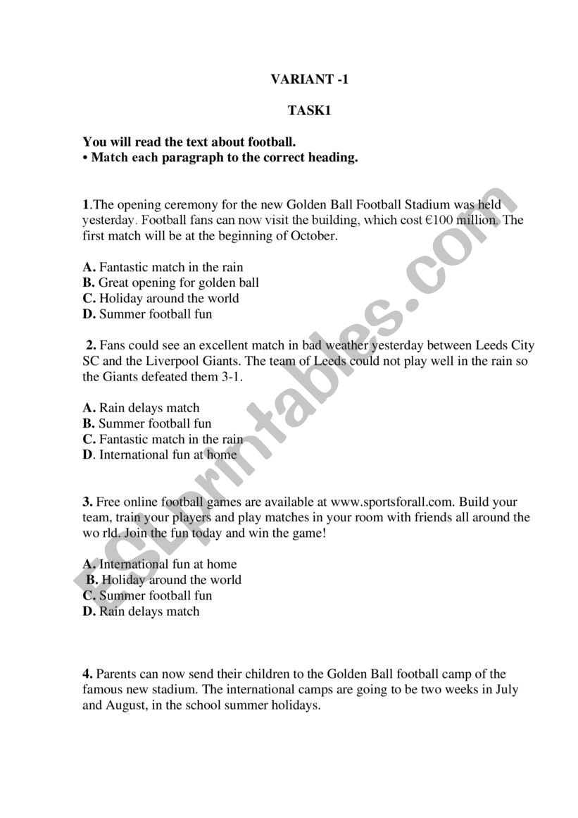 A2 level Reading test worksheet