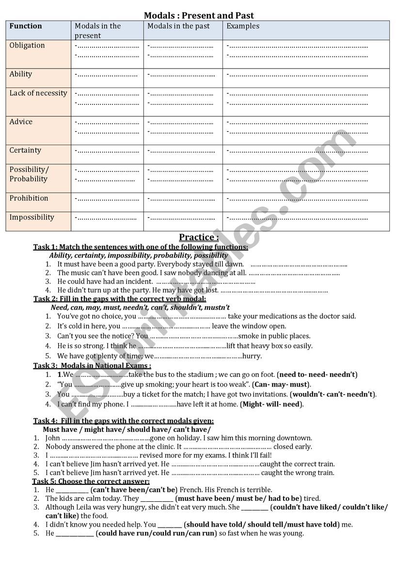 Modals: present and past worksheet