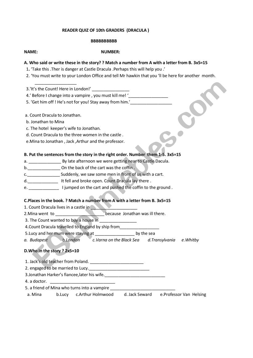 Dracula reader Quiz worksheet