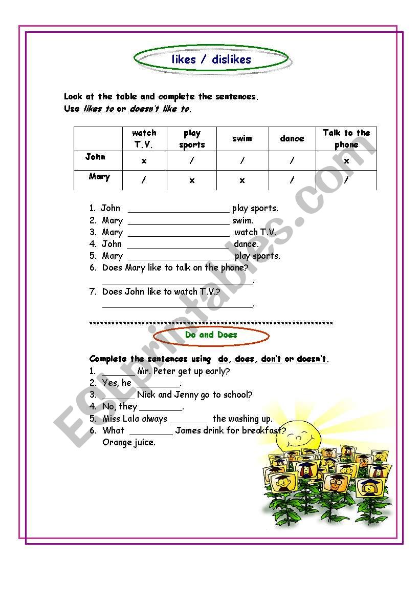 likes and dislikes worksheet