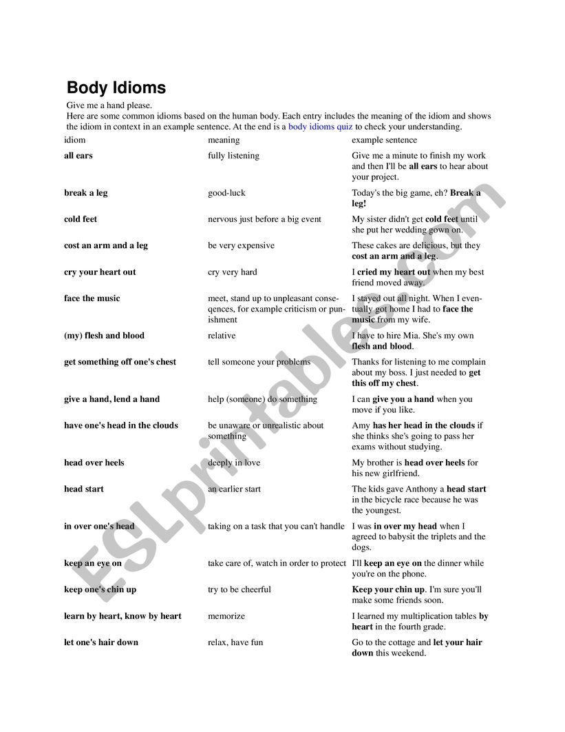 Body Idioms ESL Worksheet By Akos81