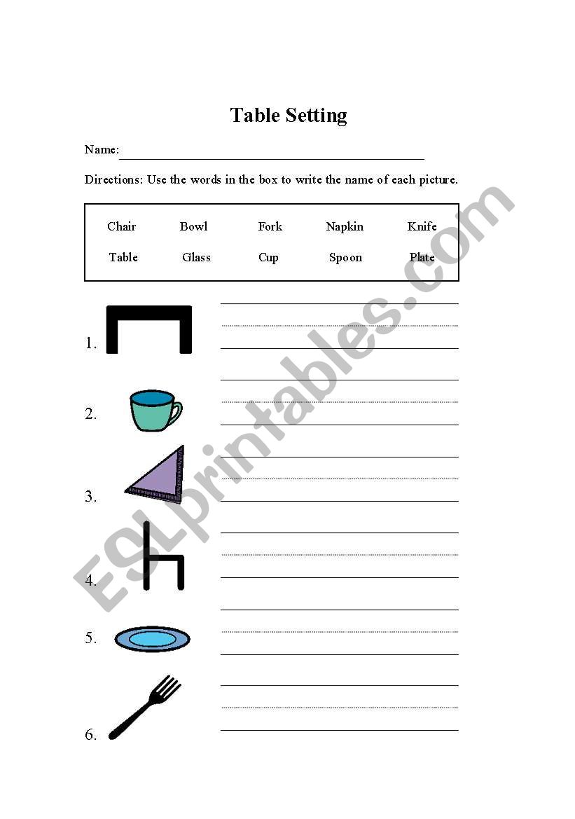 Table Setting worksheet