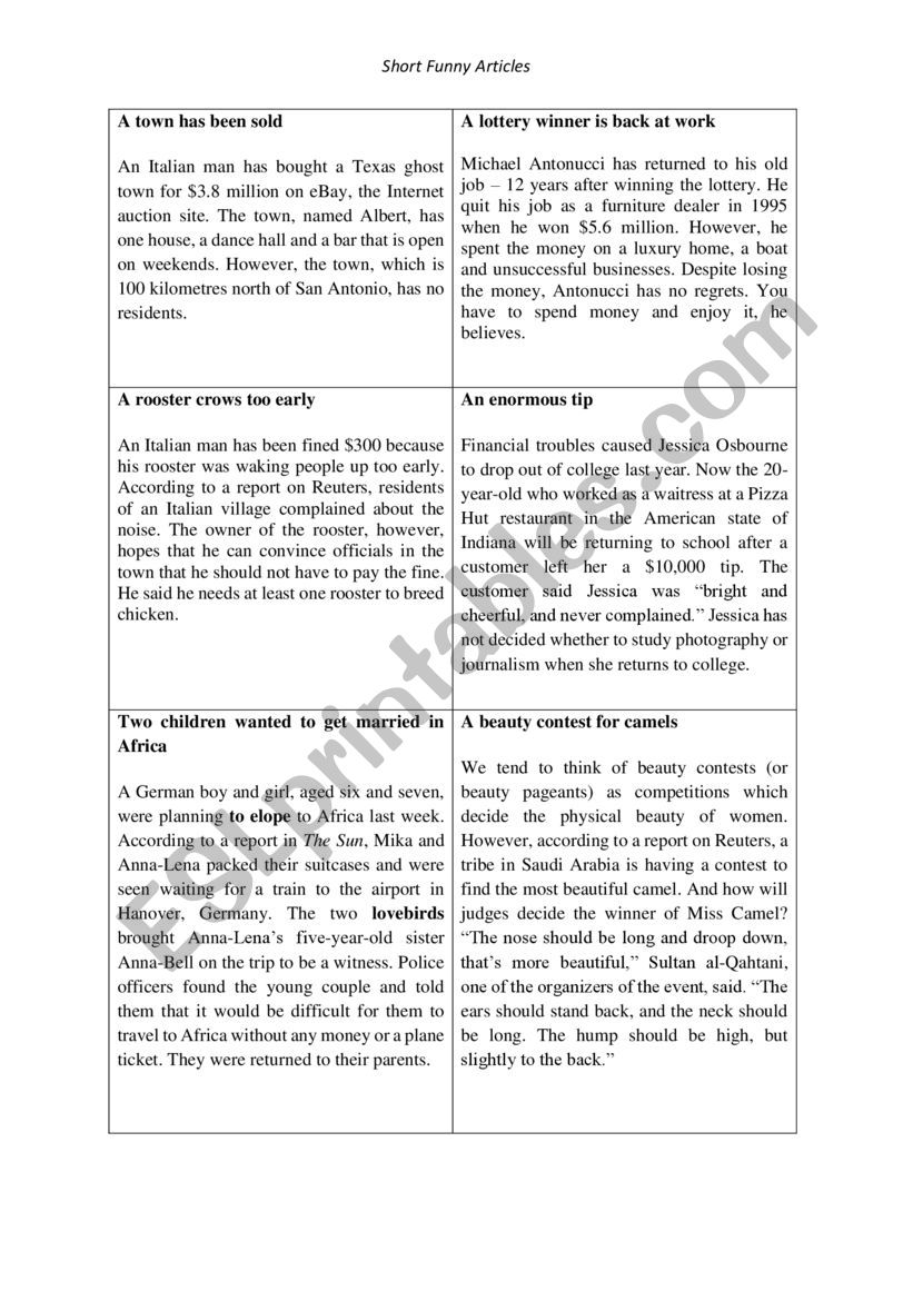 Short funny stories worksheet