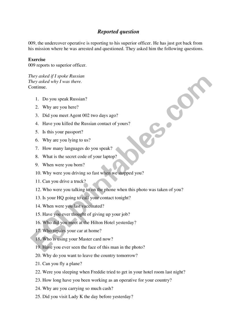 Reported Questions worksheet