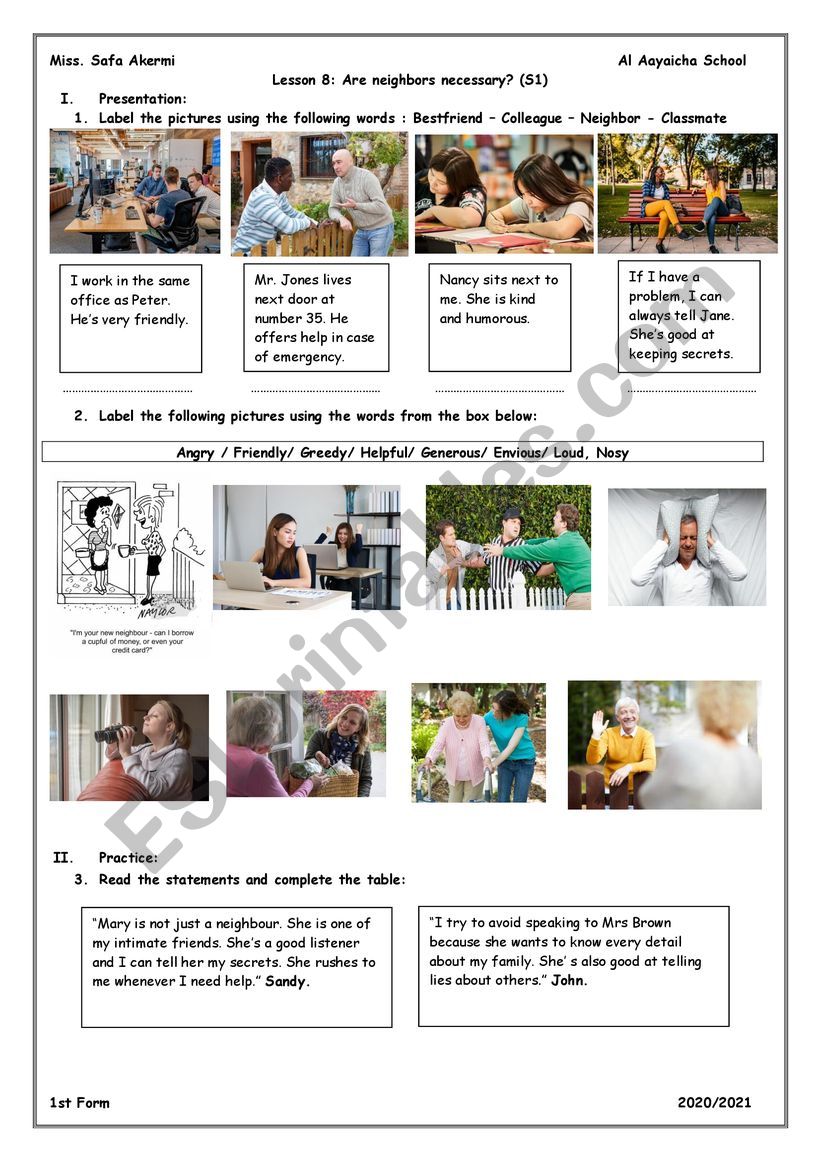 Are neighbors necessary? S1 worksheet