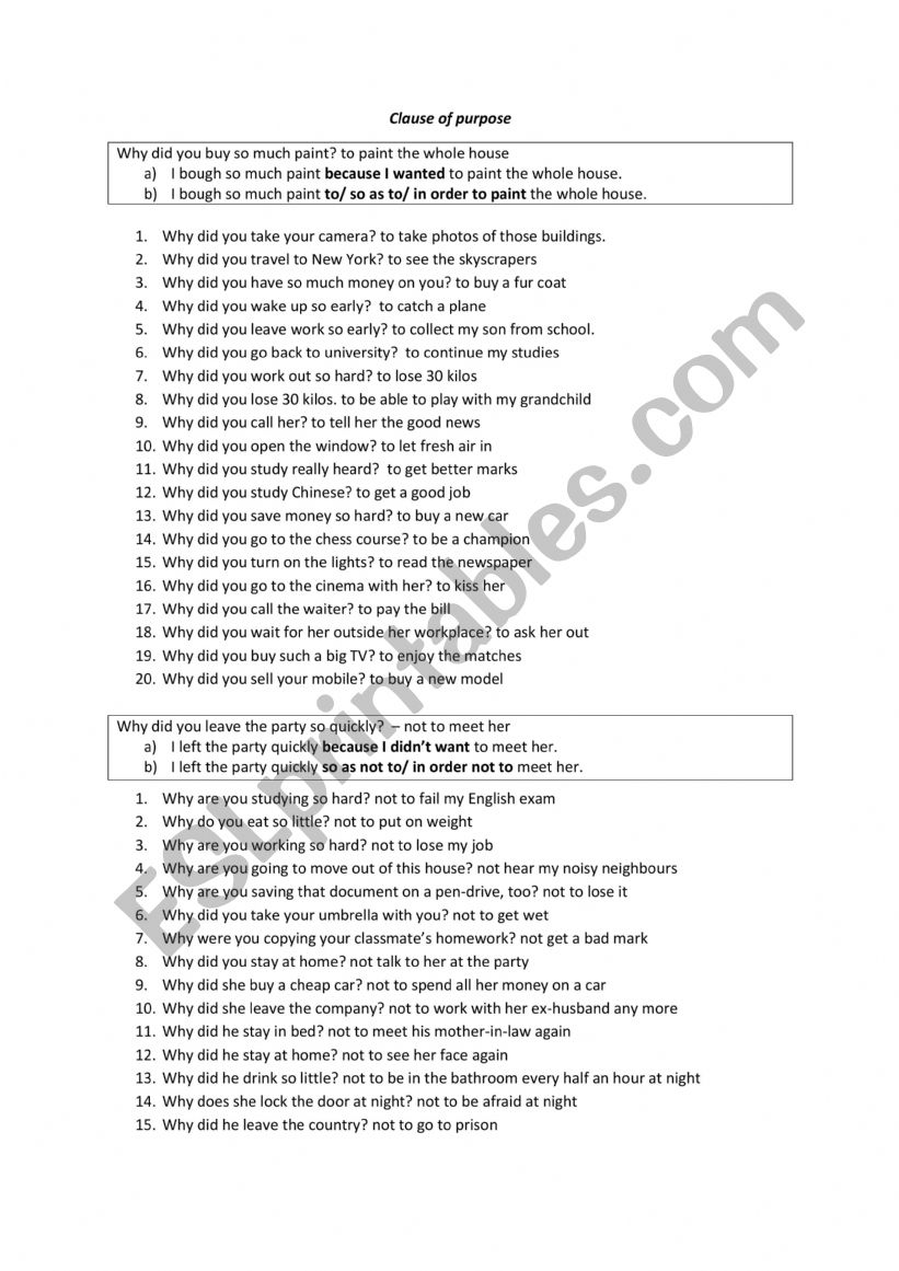 Clause of Purpose worksheet