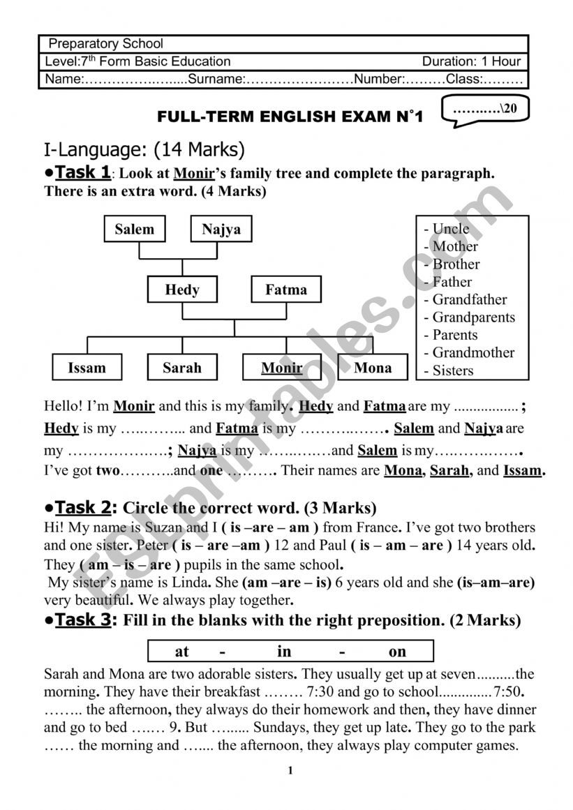 FULL-TERM TEST N1 7th Form Basic Education 