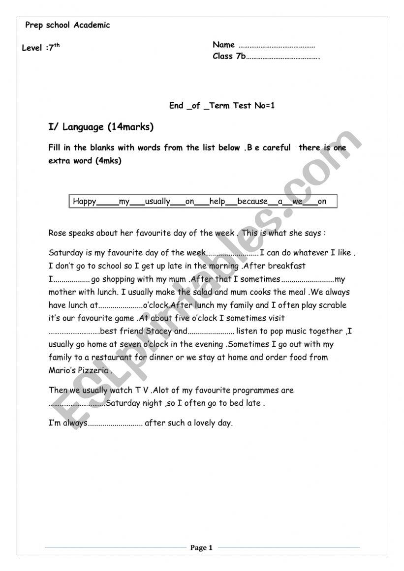 FULL-TERM TEST N1 7th Form Basic Education 