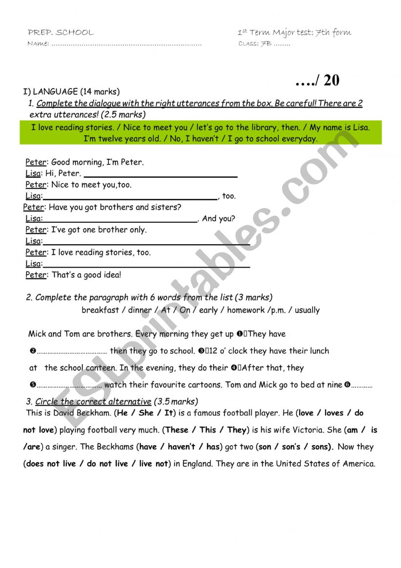 FULL-TERM TEST N1 7th Form Basic Education 