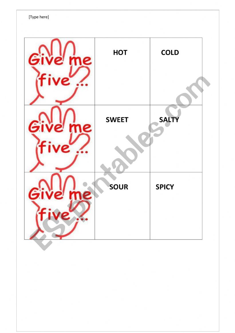 Give Me Five worksheet