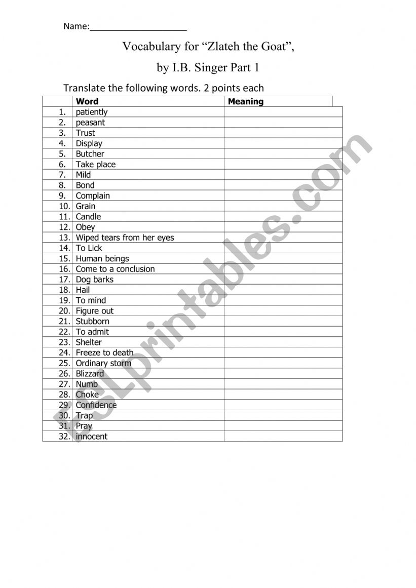 Zlateh the Goat, I.B. Singer, Vocabulary and Comprehension Quiz Part 1