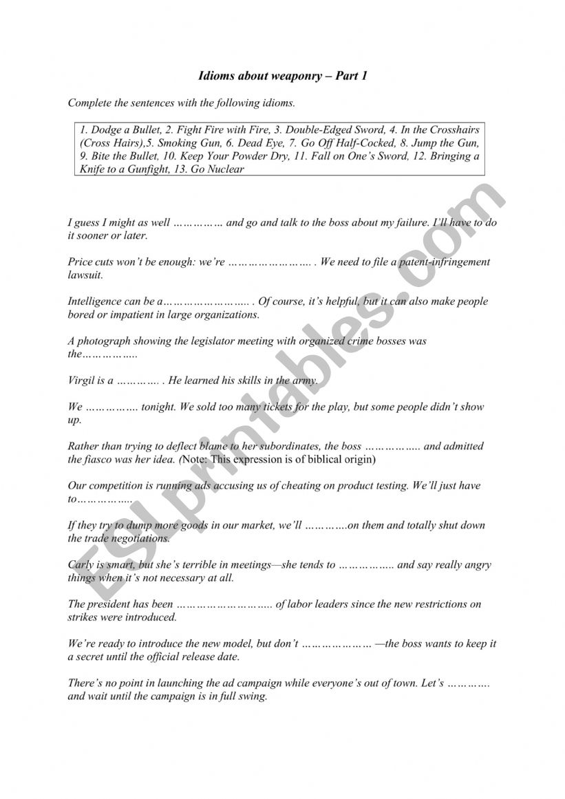 Idioms about weaponry 1 worksheet